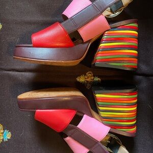 John Fluevog Red and Pink Rainbow Wedge Sandals